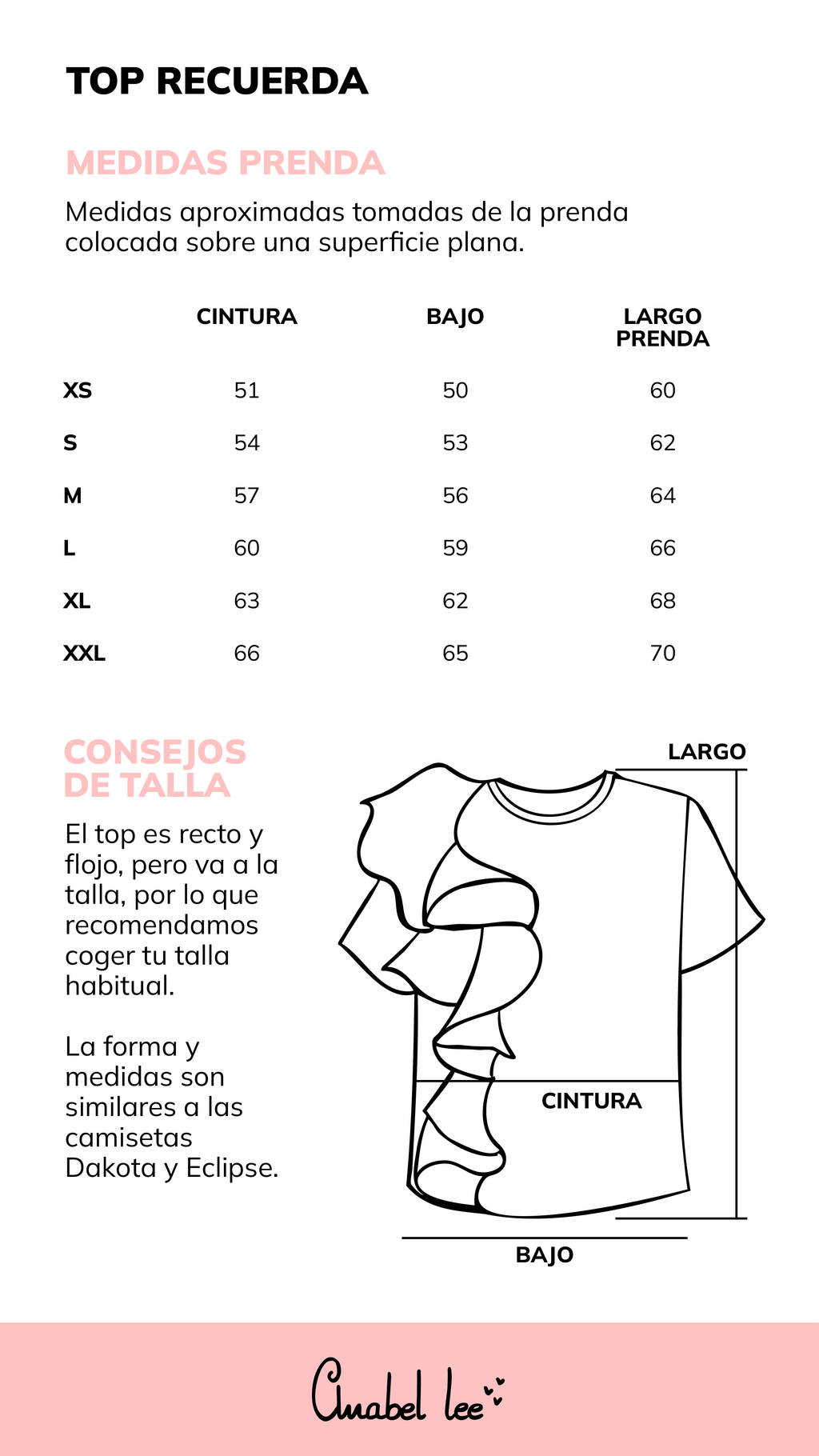 Guía de tallas TOP RECUERDA